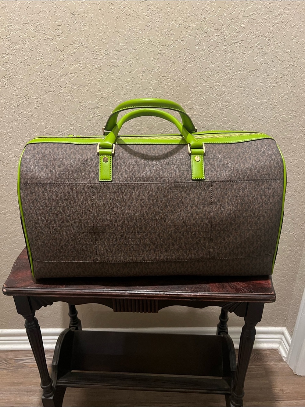 Michael Kors Brown MK Monogram Duffel with Lime Green Trim and Racing Stripe - Picture 2 of 4